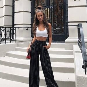 I.AM.GIA. | Black Pinstripe High Waist, Wide Leg Cropped Trouser Pants••Academia